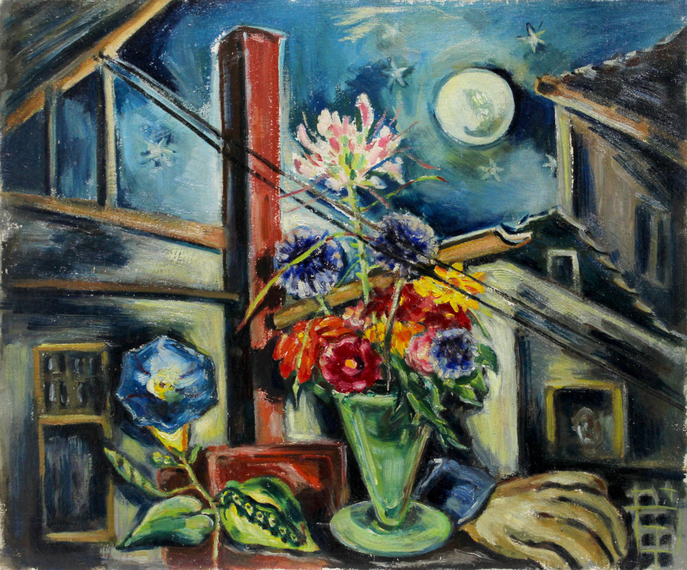 Modernist Still Life with Moon and Cape Cod Rooftops
