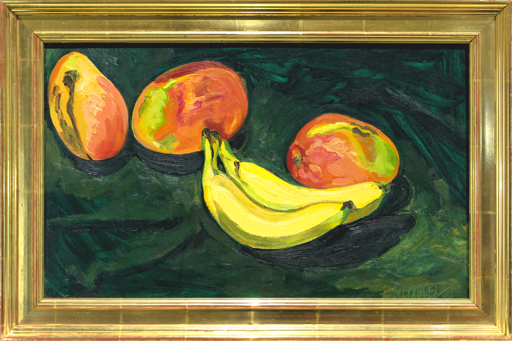 Bananas still life on deep green